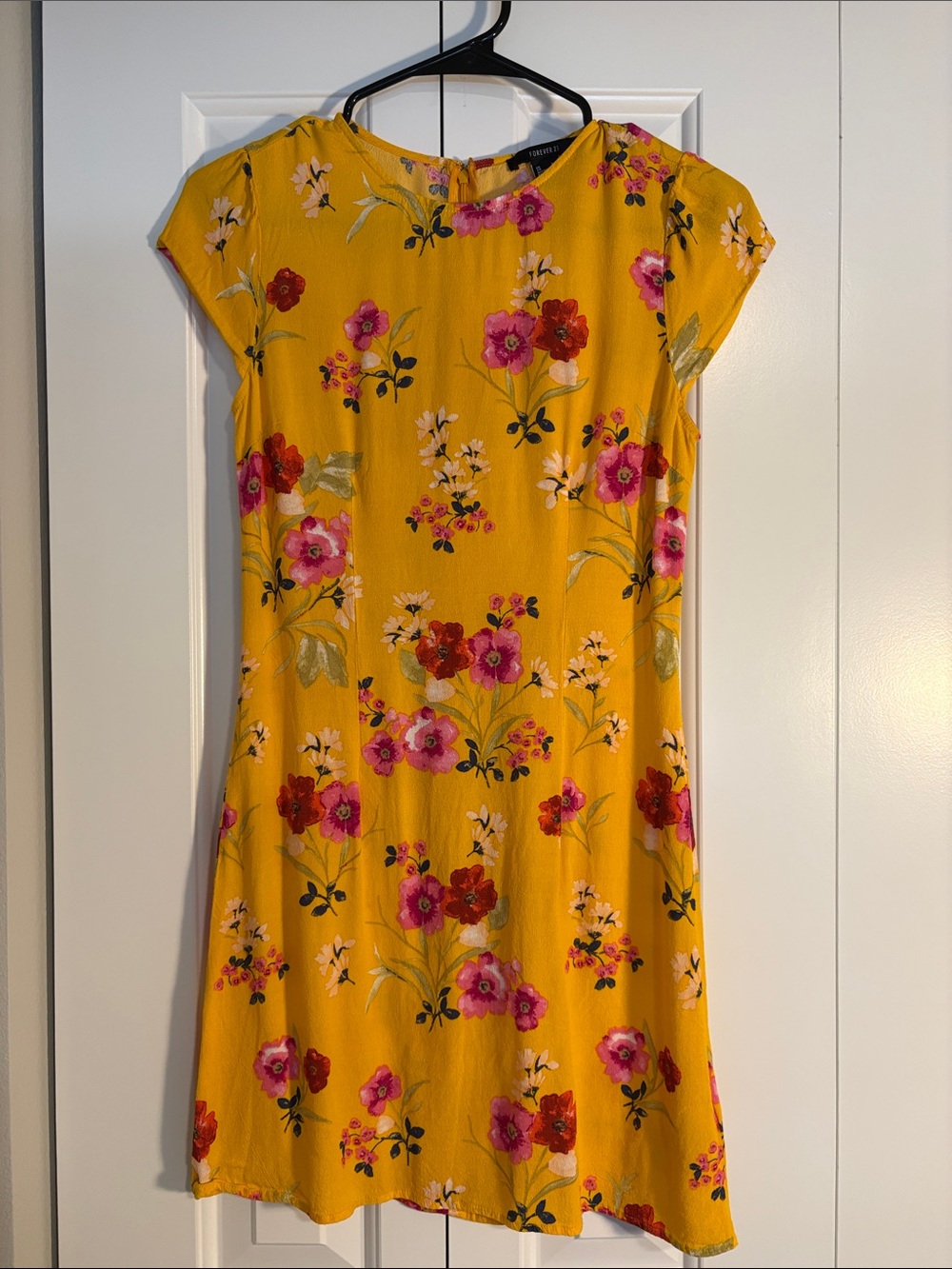Forever 21 Yellow Floral Shift Dress with Pink & Red Blooms